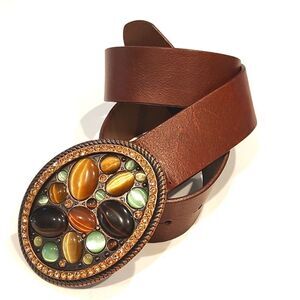 Sereno Italian Leather Brown Belt Jeweled Oval Anchor Buckle Size S